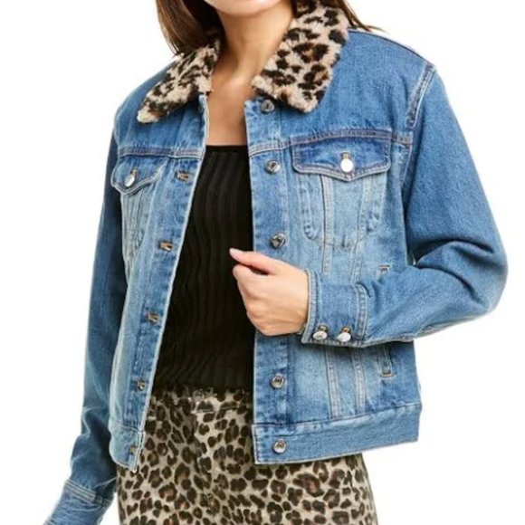 NEW Veronica Beard Tilia Sherpa Boyfriend Jean Jacket Leopard Lining - Small - Picture 2 of 15
